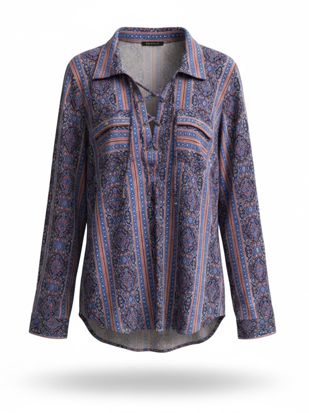 🎀BCBGMAXAZRIA🎀Boho Peasant Tie Front Top🎀Printed Blouse🎀Gold Buttons🎀M🎀NWOT🎀